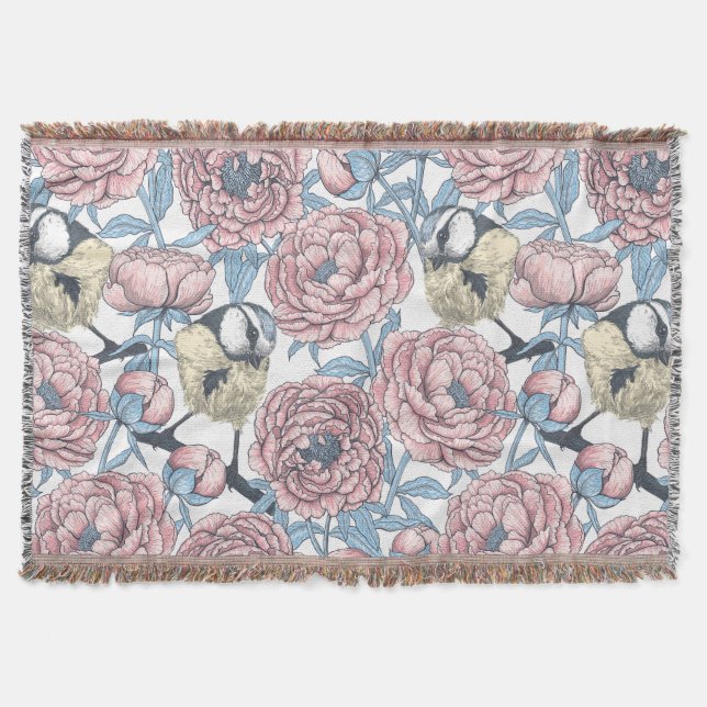 Peony flowers and birds throw blanket (Front)