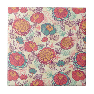 Peony flowers and leaves pattern ceramic tile