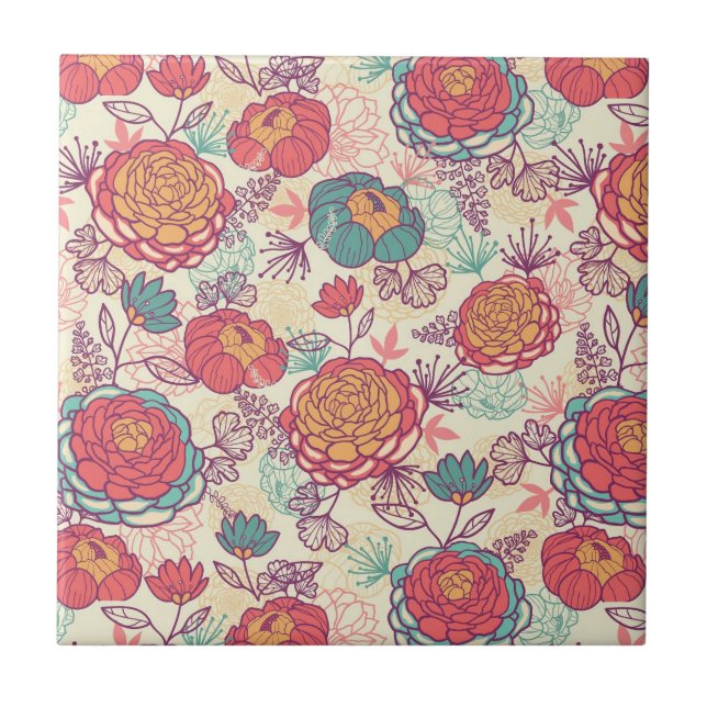 Peony flowers and leaves pattern ceramic tile (Front)