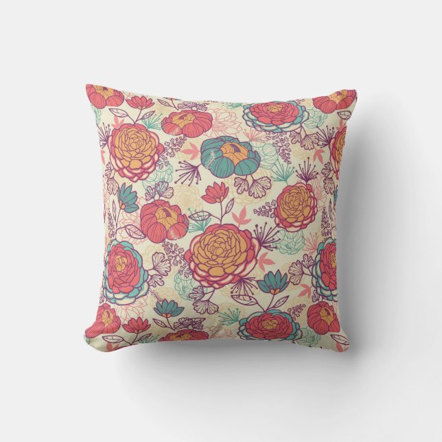 Peony flowers and leaves pattern cushion (Front)