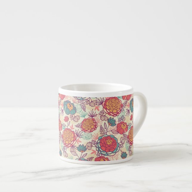 Peony flowers and leaves pattern espresso cup (Front Right)