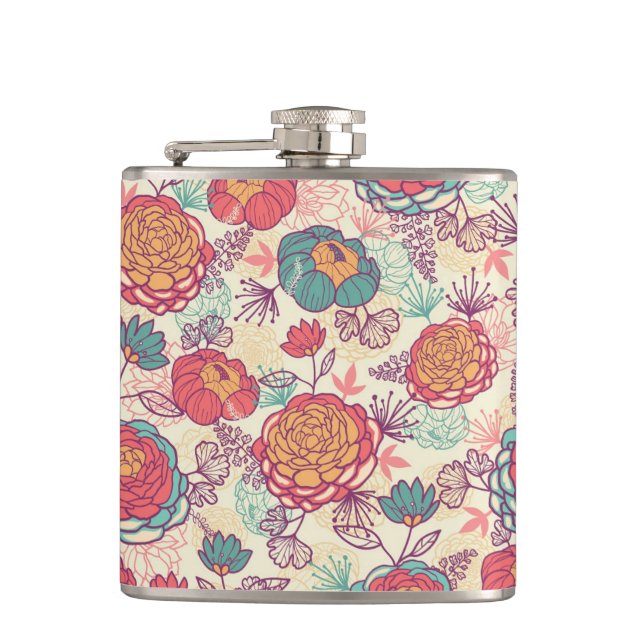 Peony flowers and leaves pattern hip flask (Front)