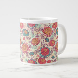 Peony flowers and leaves pattern large coffee mug