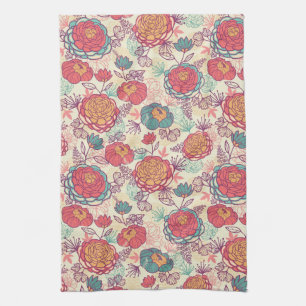Peony flowers and leaves pattern tea towel