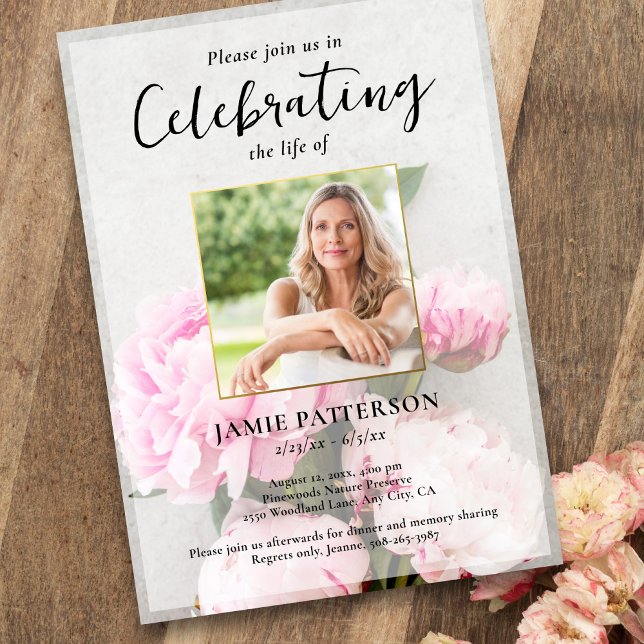 Peony Flowers Celebration of Life Photo, Funeral Invitation (Creator Uploaded)