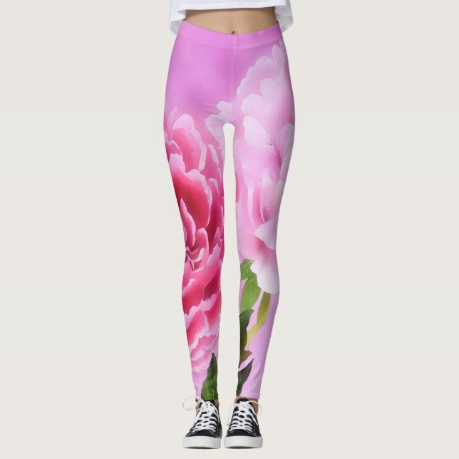 Peony Flowers Floral Art Pink Leggings (Front)