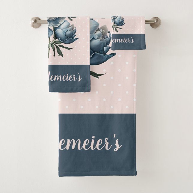 Peony Flowers in Blue & White on Pink & Blue  Bath Towel Set (Insitu)