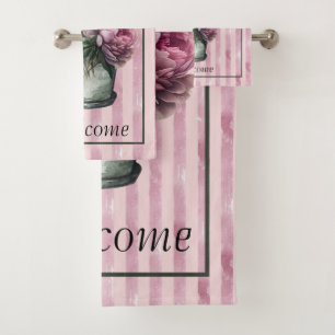 Peony Flowers in Pottery with Striped Background Bath Towel Set