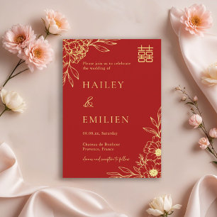 Peony Flowers Modern Chinese Red Gold Wedding  Invitation