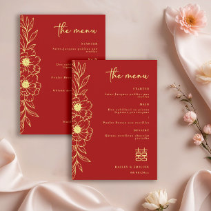 Peony Flowers Modern Chinese Red Gold Wedding Menu Invitation