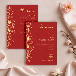 Peony Flowers Modern Chinese Red Gold Wedding Menu Invitation