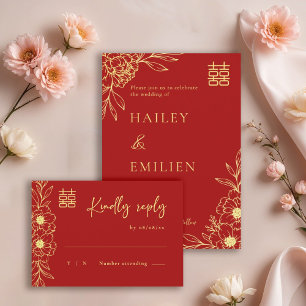 Peony Flowers Modern Chinese Red Gold Wedding RSVP Invitation