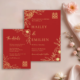  Peony Flowers Modern Chinese Red Wedding Details  Invitation