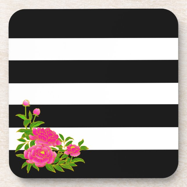 Peony flowers on black & white striped coaster (Front)