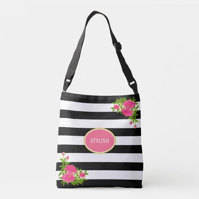 Peony flowers on black & white striped crossbody bag (Back)