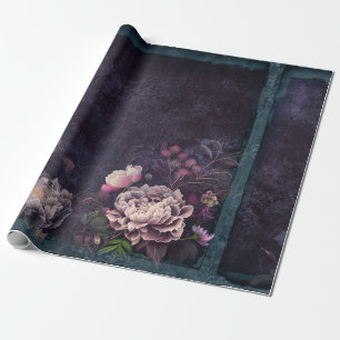 Peony Flowers on Dark Purple Wrapping Paper