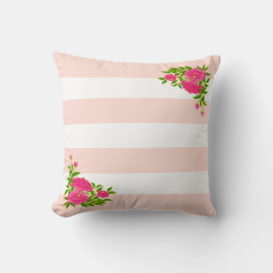 Peony flowers on light pink & white striped cushion