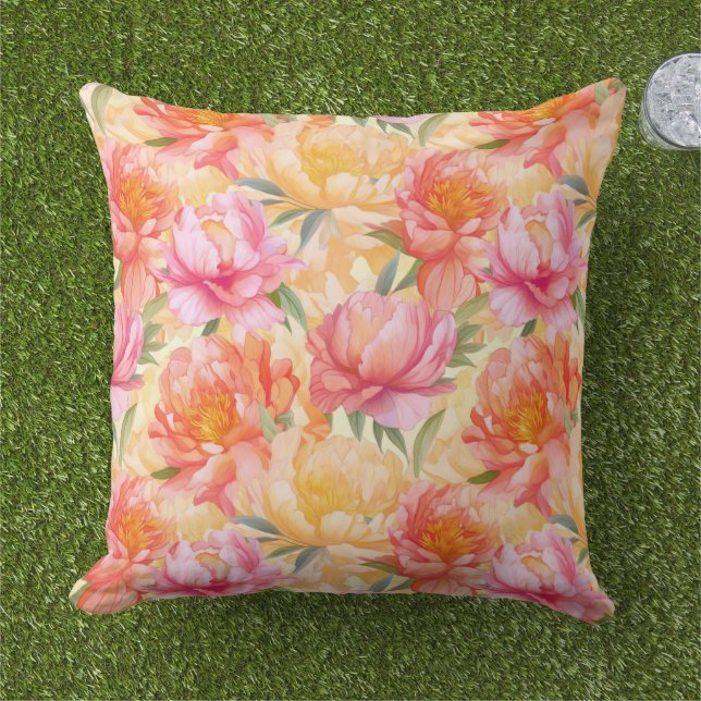 Peony Flowers Outdoor Throw Pillow (Grass)