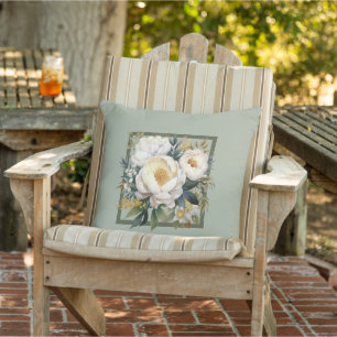 Peony flowers Sage green floral pattern Cushion