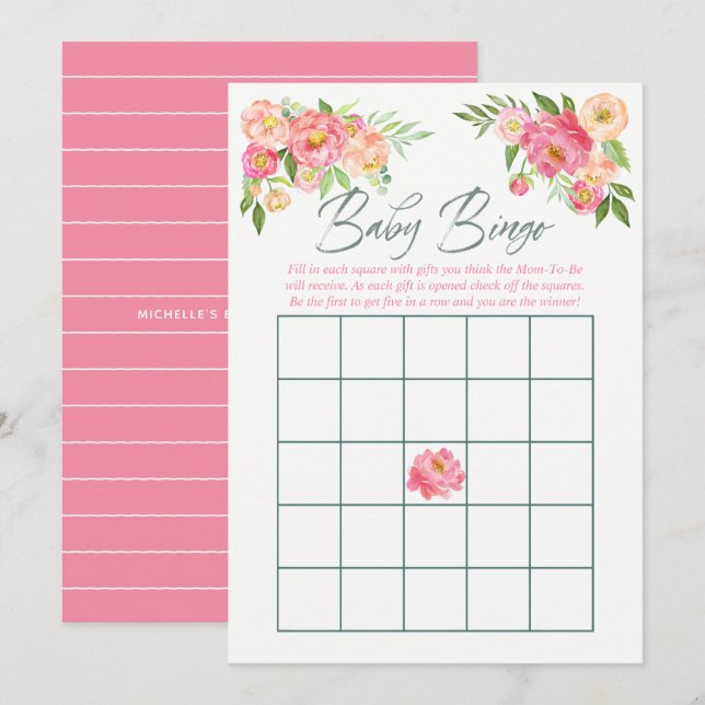 Peony flowers Spring Baby Shower Baby Bingo Invitation (Front/Back)