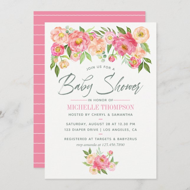 Peony flowers Spring Baby Shower invitation (Front/Back)