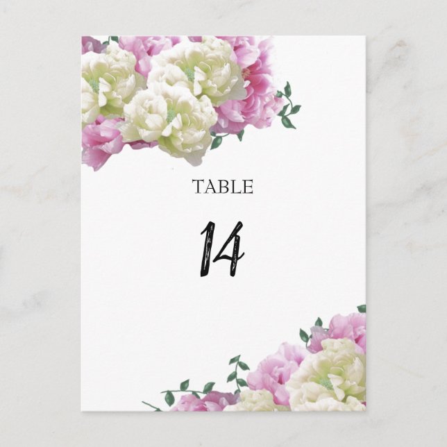Peony Flowers Table Seating Number Card (Front)