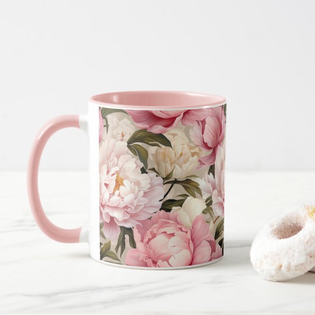 Peony Flowers White Pink Floral Blossoms Designer  Mug (With Donut)