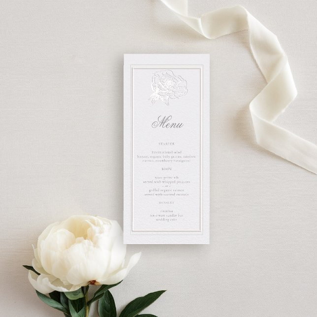 Peony Formal Modern Classic Ivory Wedding Menu (peony wedding menu formal modern classic traditional calligraphy double frame faux embossed ivory)