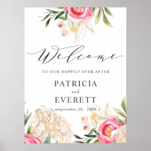 Peony gold flowers Boho Wedding Welcome Poster