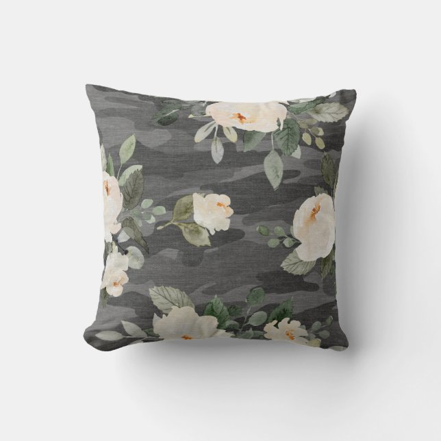 Peony Grey Camo Throw Pillow (Front)