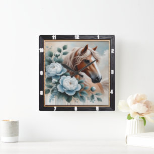 Peony Horse Floral Timepiece Square Wall Clock