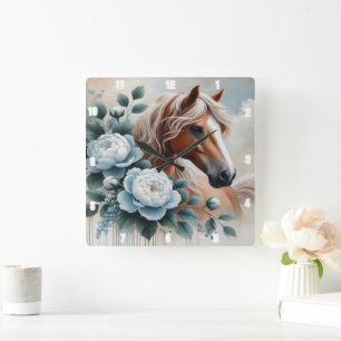 Peony Horse Floral Timepiece Square Wall Clock