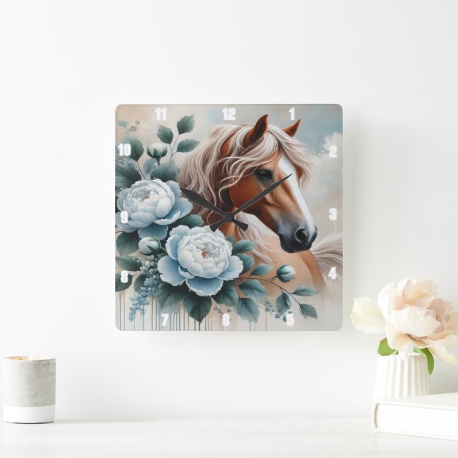 Peony Horse Floral Timepiece Square Wall Clock (Home)