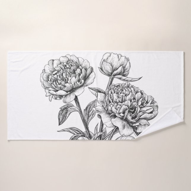 Peony ink drawing bath towel set (Bath Towel)