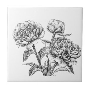 Peony ink drawing ceramic tile