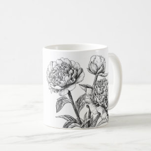 Peony ink drawing coffee mug