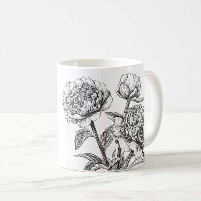Peony ink drawing coffee mug (Front Right)