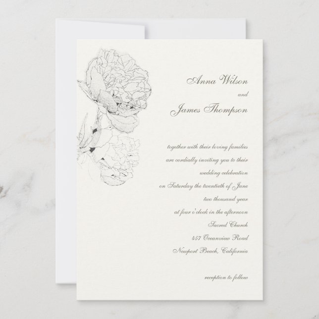 Peony Ink Sketch Ivory Elegant Calligraphy Wedding Invitation (Front)