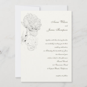 Peony Ink Sketch Ivory Elegant Calligraphy Wedding Invitation