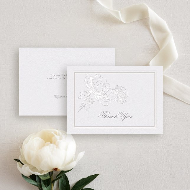 Peony Ivory Formal Elegant Couple Note Wedding Thank You Card (peony wedding thank you formal modern classic traditional calligraphy double frame faux embossed)