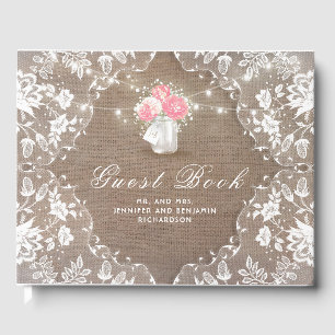 Peony Mason Jar Rustic Burlap Lace Wedding Guest Book
