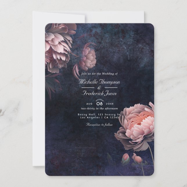 Peony Midnight Floral QR Code Wedding Invitation (Front)
