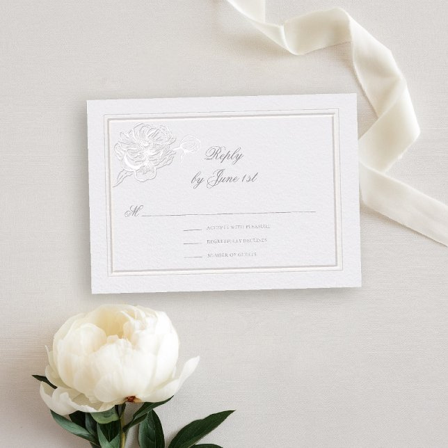 Peony Modern Formal Elegant Ivory Wedding Response (peony wedding rsvp reply formal modern classic traditional calligraphy double frame faux embossed)