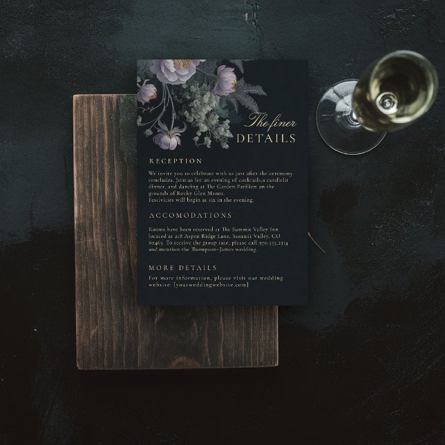 Peony Moody Wedding Finer Details Enclosure Card (dark moody wedding details card lilac purple dusty peony painting romantic gothic winter fall)