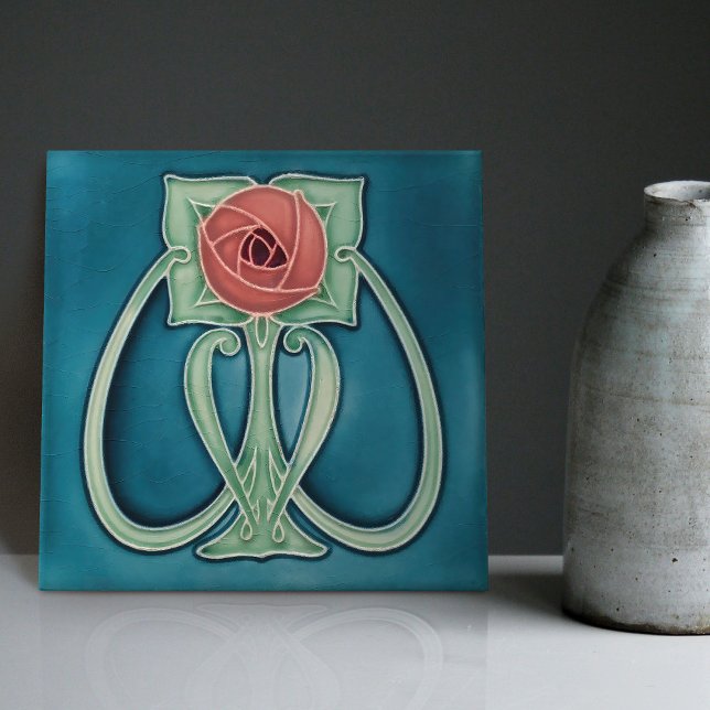 Peony on Blue Decor Art Nouveau Art Deco Ceramic Tile (Creator Uploaded)