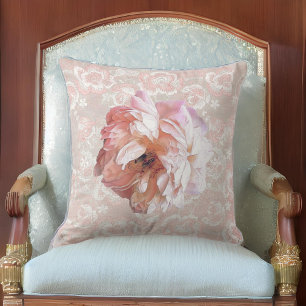 Peony on Faux Peachy Pink Lace Cushion