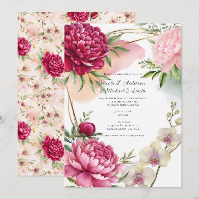 Peony & Orchid Garden Floral Glam Wedding  Invitation (Front/Back)
