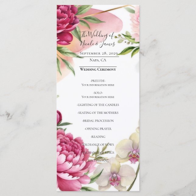 Peony & Orchid Garden Floral Glam Wedding  Menu (Front)