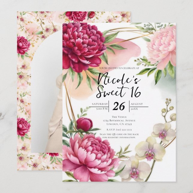 Peony & Orchid Garden Floral Glam Wedding Sweet 16 Invitation (Front/Back)