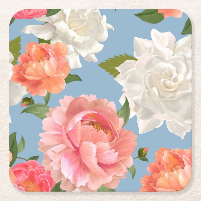 Peony Pattern Square Paper Coaster (Front)